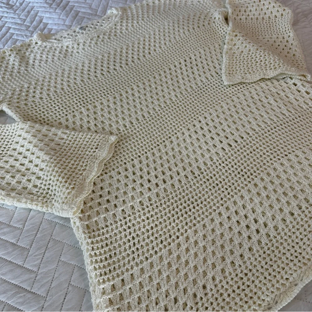Cream Crochet Open Knit Sweater Tunic | Coastal Boho Beach Coverup Size M